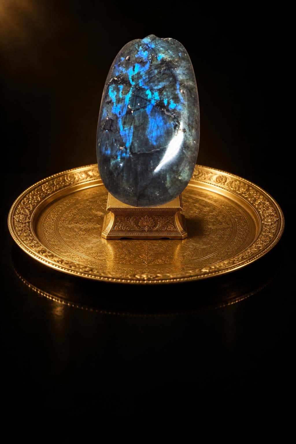 The polished labradorite specimen on its gold plinth, photographed tall, its blue flash running the length of the stone