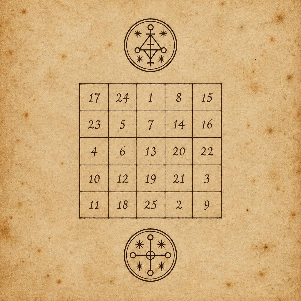 A hand-ruled five by five grid of numerals on parchment, with a seal above and below