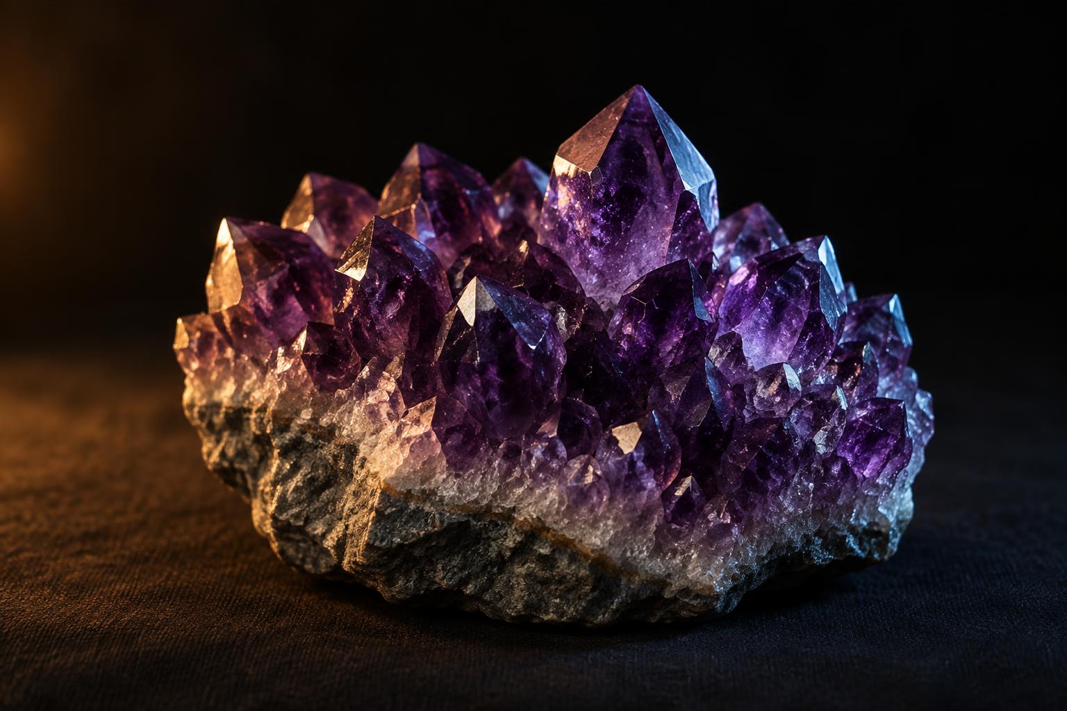 A cluster of amethyst points on rough stone, lit from the side in the dark