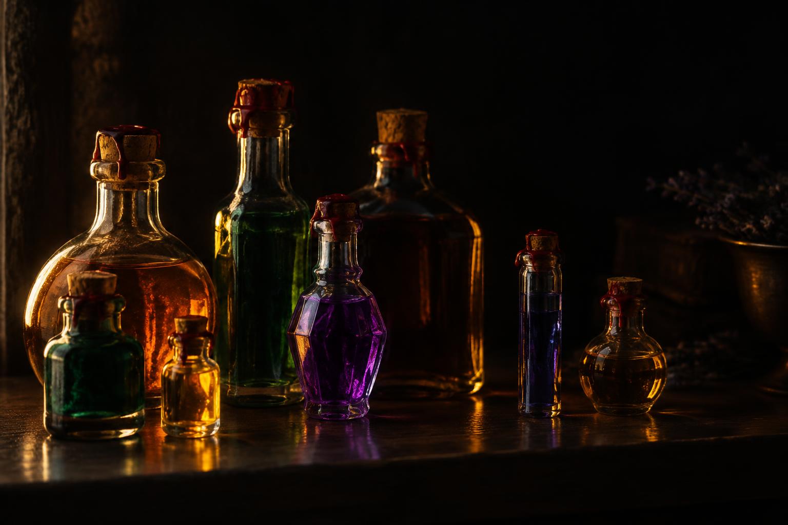 Apothecary bottles with wax seals on a dark table