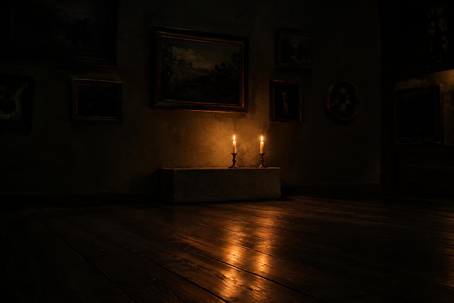 A dim gallery wall hung with small dark-framed works, lit by two candles on a low plinth