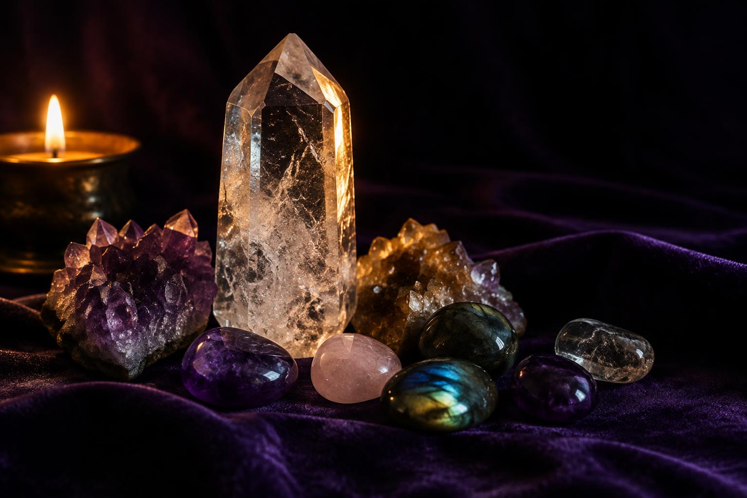 Crystals and tumbled stones on purple velvet