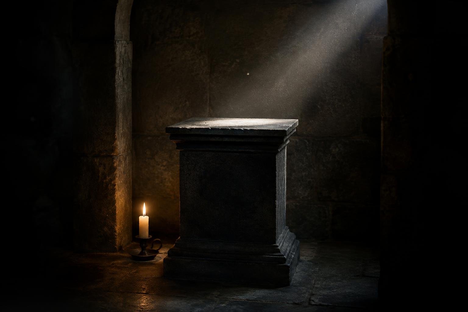 An empty dark stone pedestal in a dim alcove with a shaft of light on its bare top