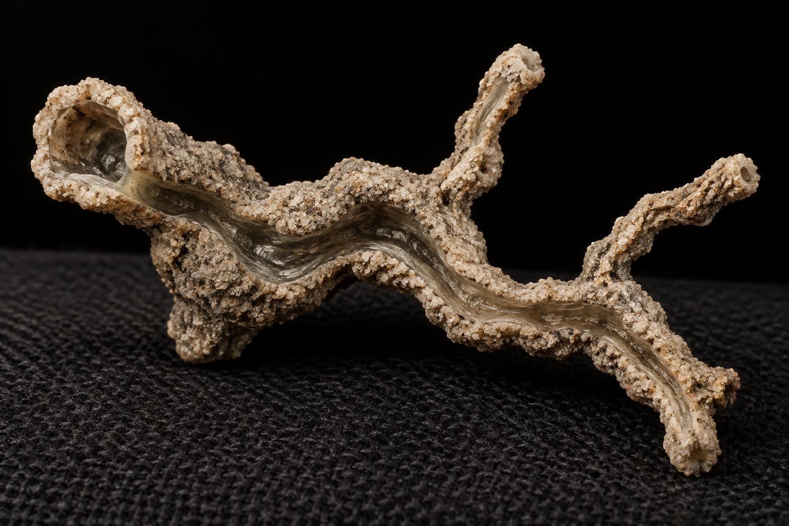 A lightning-fused fulgurite specimen, its surface fused to glass, on dark cloth