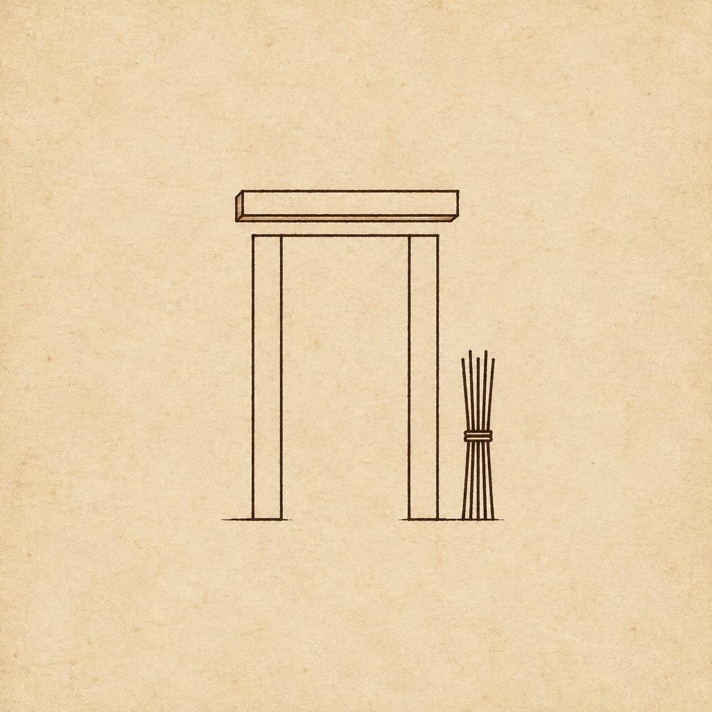 A hand-ruled plate showing a doorway of two uprights and a lintel with a bar lifted above the opening, and a sheaf of stems beside it