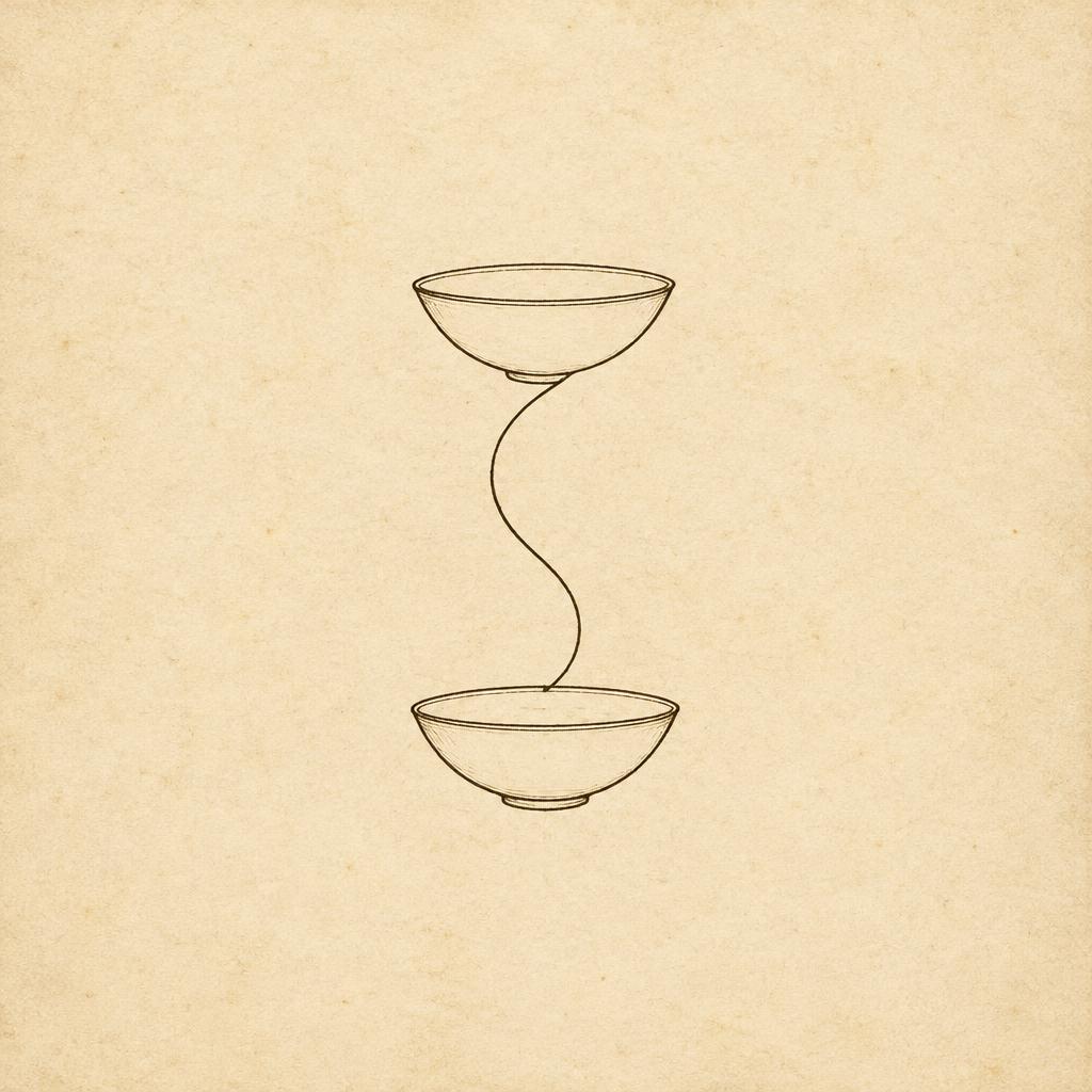 A hand-ruled plate showing two shallow vessels, one above the other, joined by a single curving line