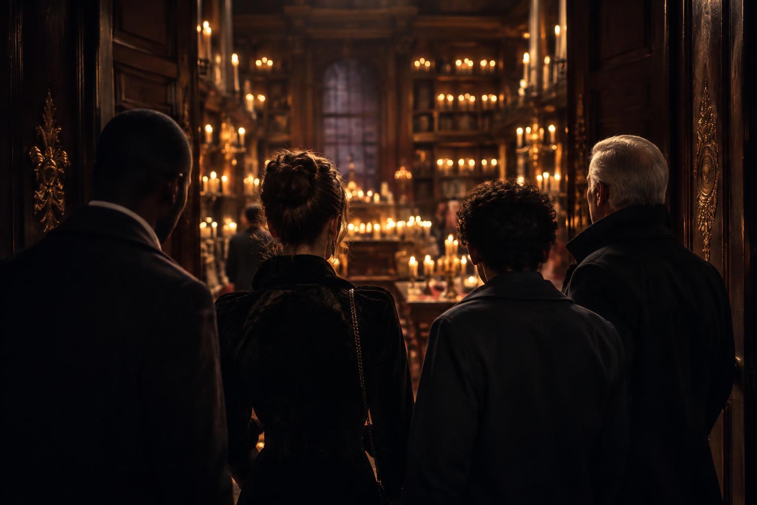 Members of the institute at work by candlelight