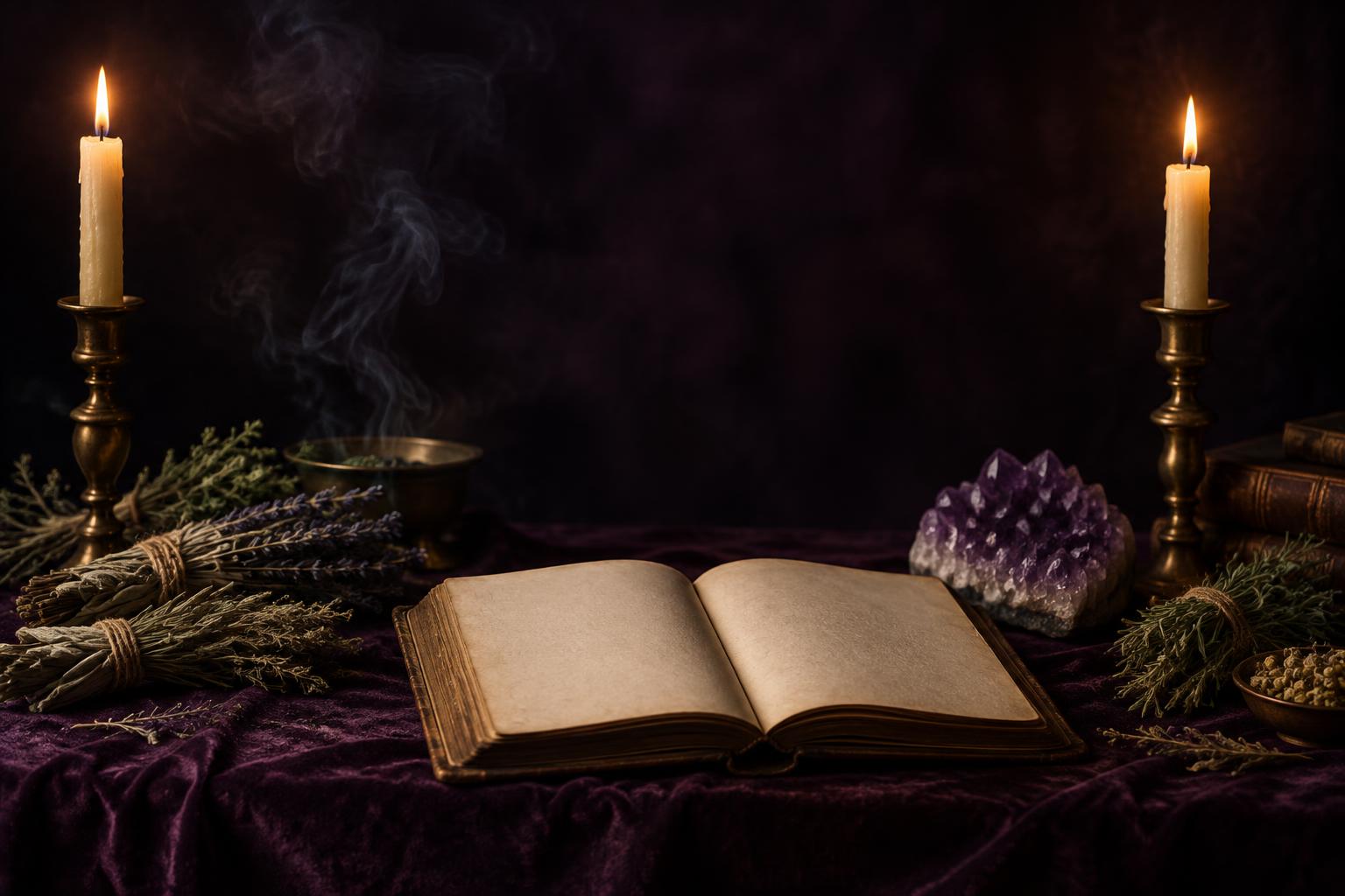 A candlelit altar with dried herbs, amethyst and an open book