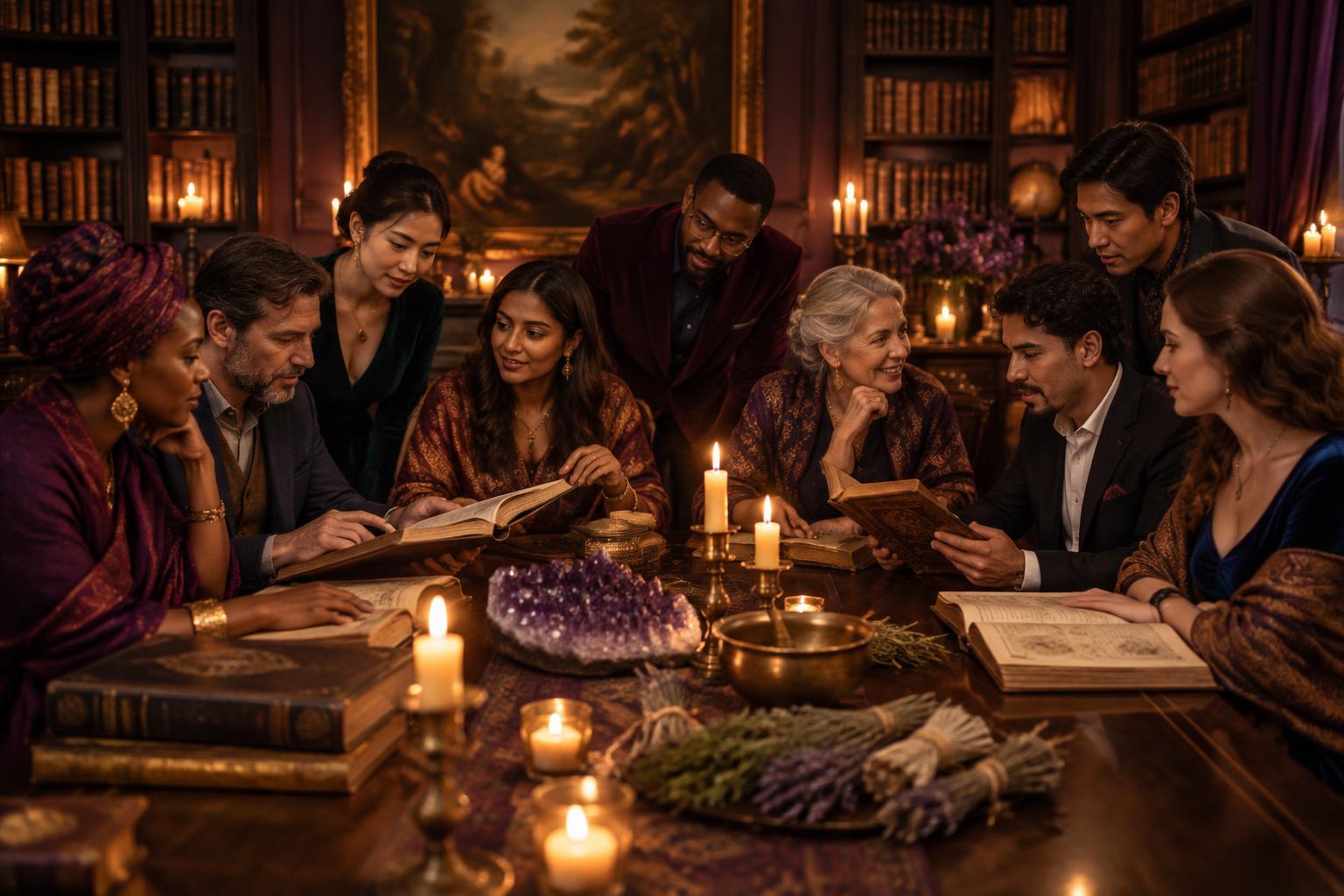 Nine people of many backgrounds studying old books together at a candlelit table in the institute library