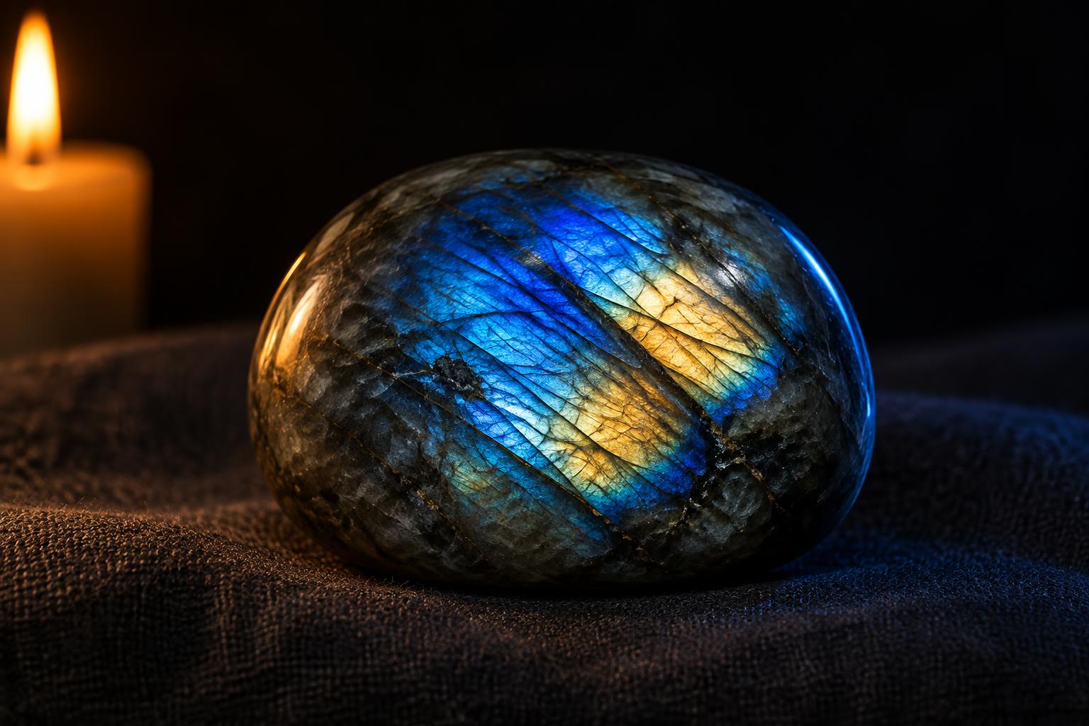 A polished labradorite specimen catching blue and gold light on dark cloth