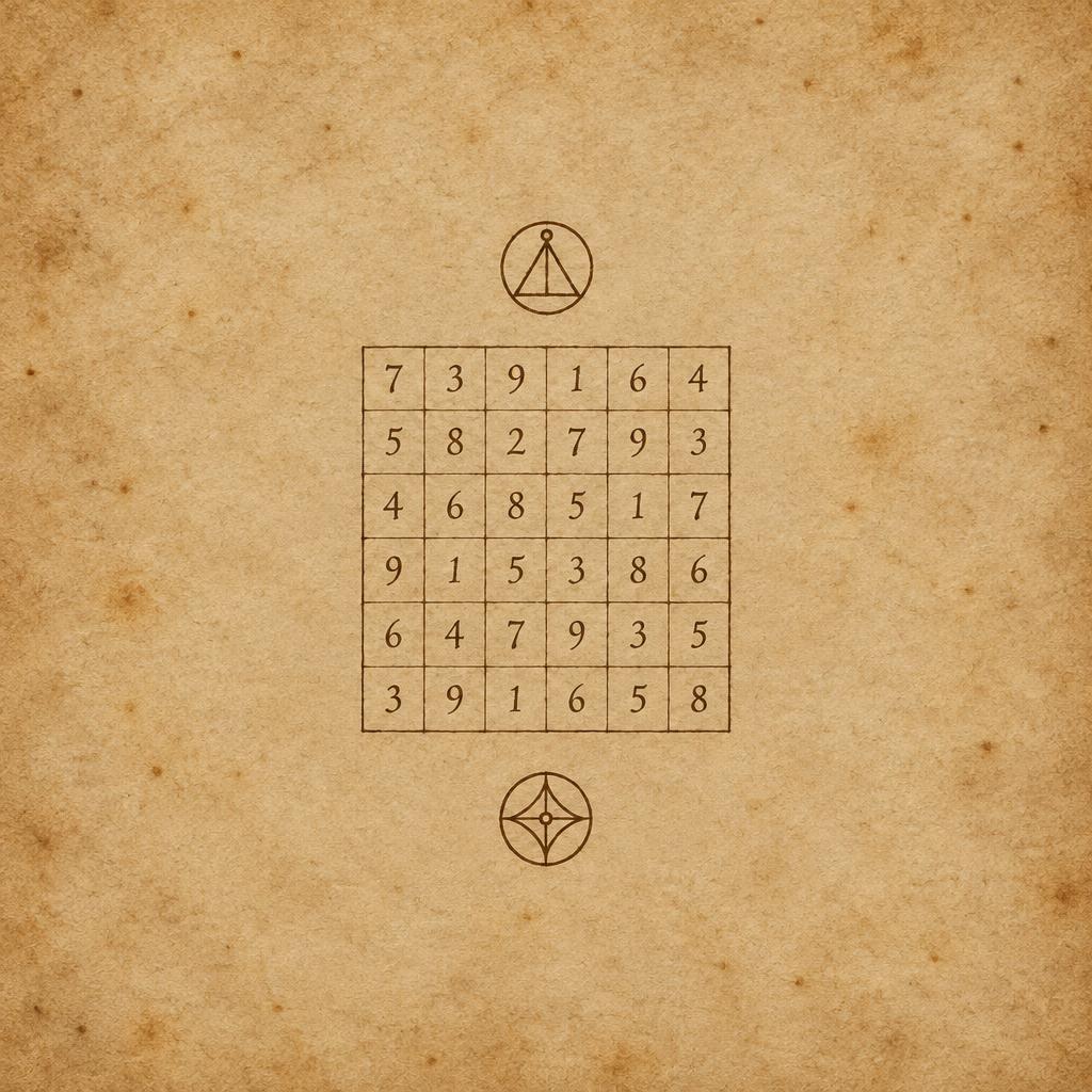 A hand-ruled six by six grid of numerals on aged parchment, with a circular seal above and below