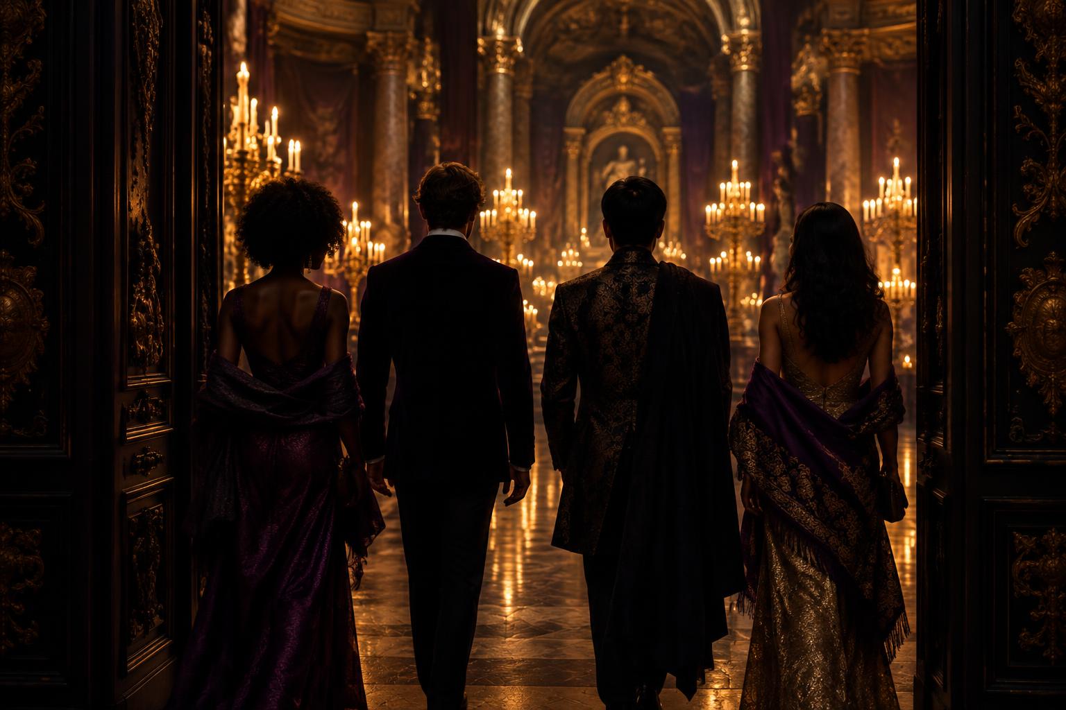 Members walking through a doorway into a hall lit by candles