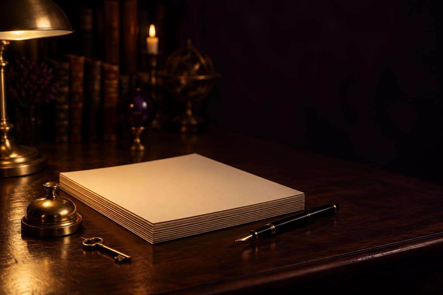 A dark polished desk with a stack of blank paper, a brass service bell and a desk lamp