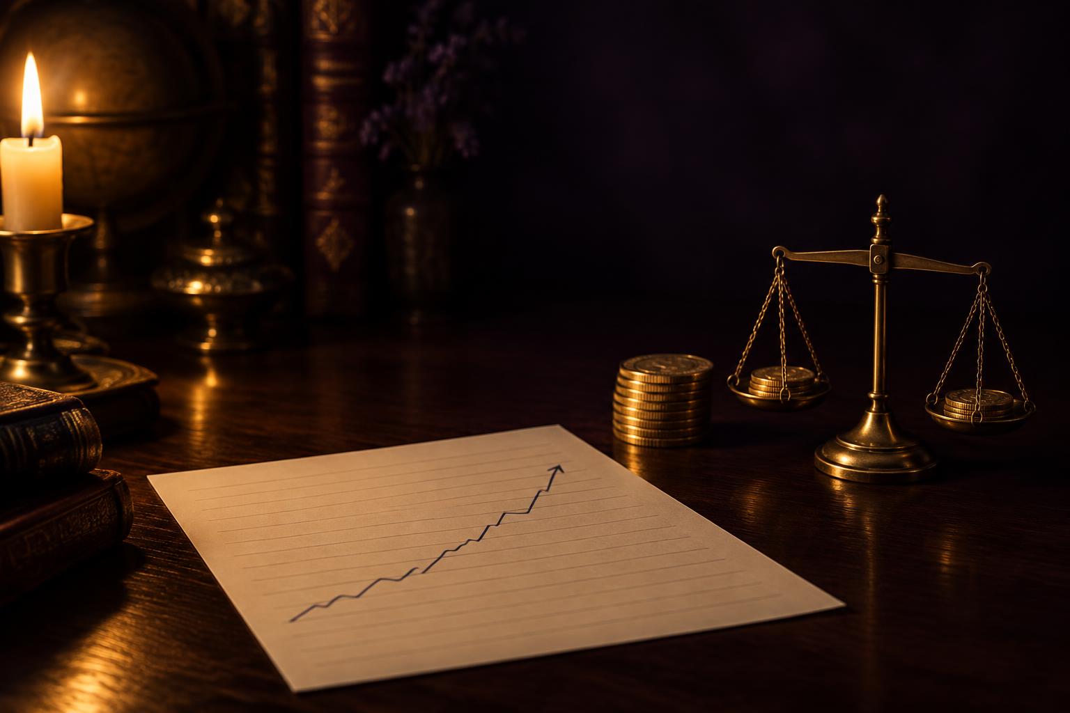 A desk by lamplight with an upward line graph, stacked books and a brass balance of coins