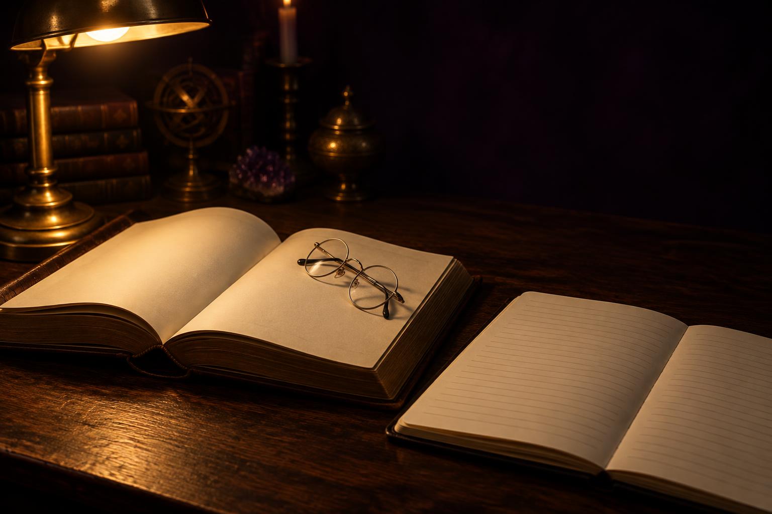 An open book and a ruled notebook under a single warm lamp on a dark desk