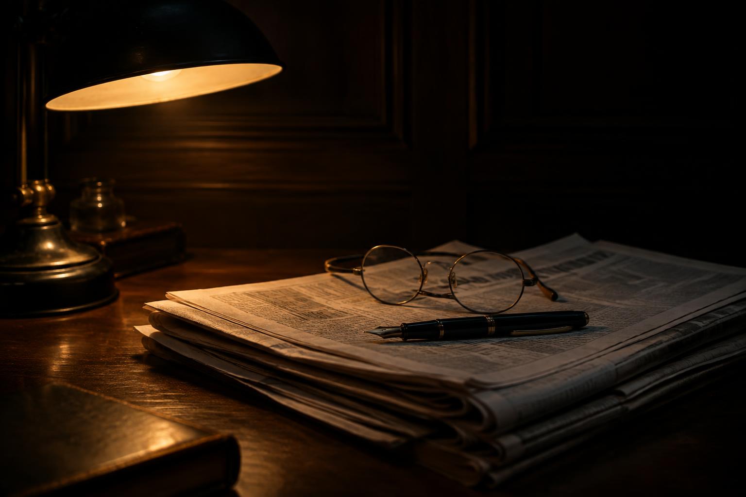 An editorial desk by lamplight with folded newspapers, spectacles and a fountain pen