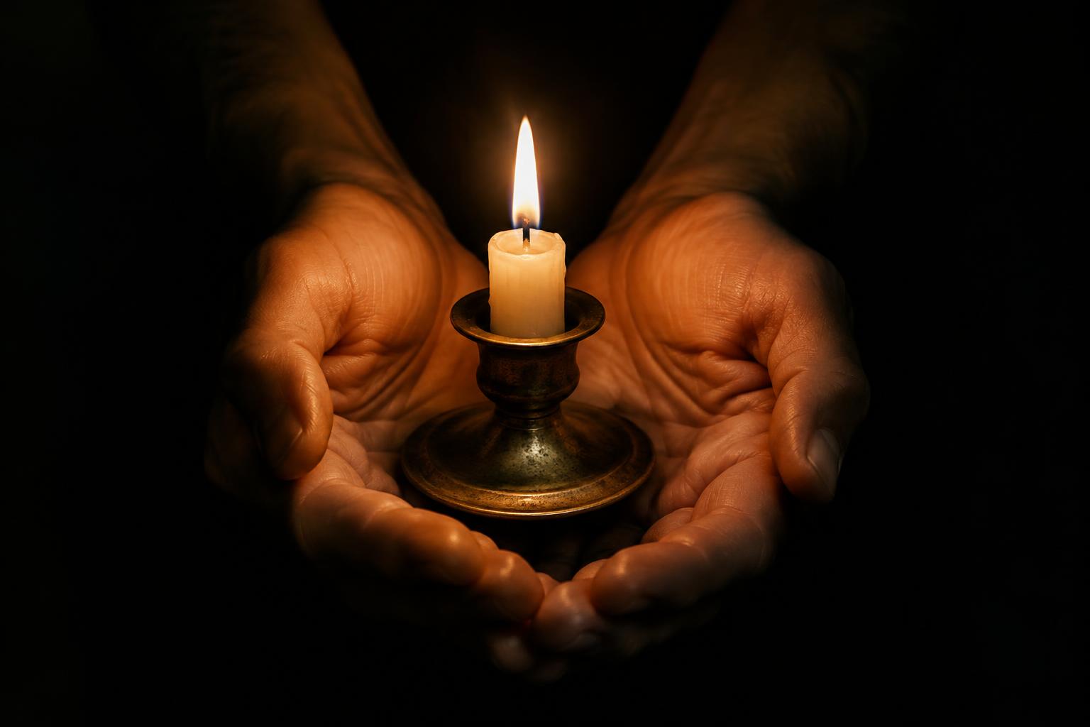 Two open cupped hands holding a small lit candle in a dark room