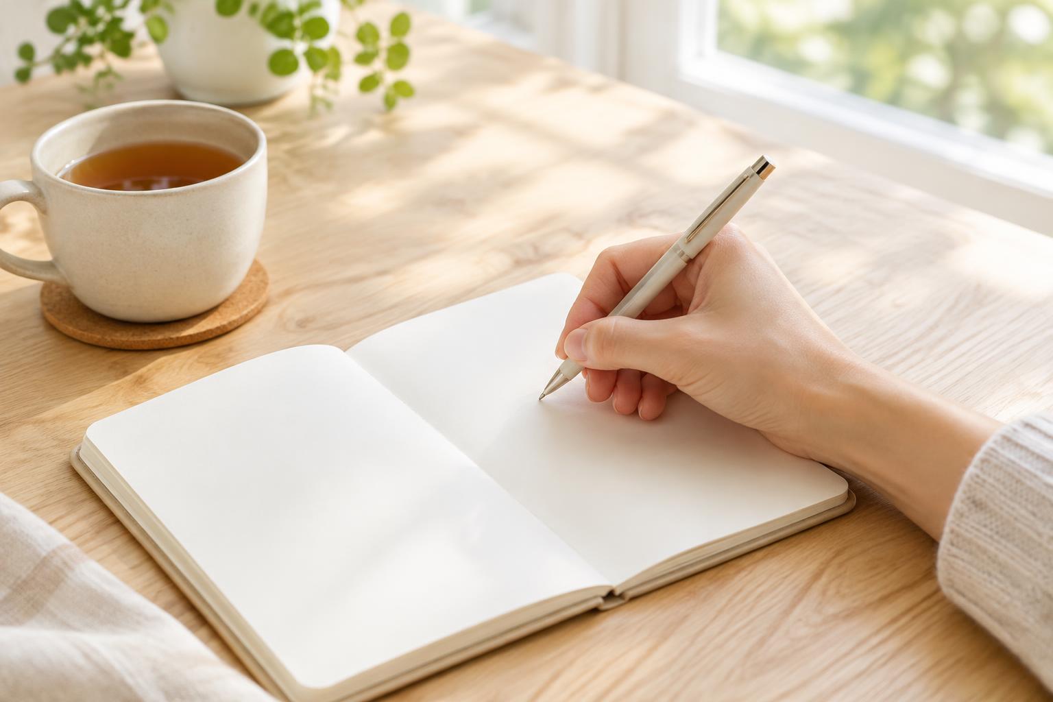A hand writing in an open notebook on a pale wooden table beside a cup of tea, in daylight from a window