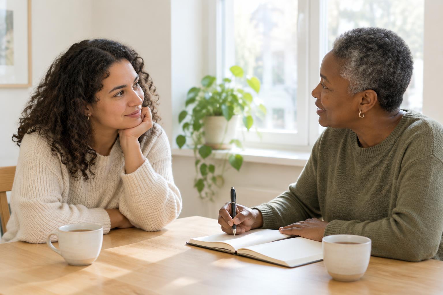 Two people seated across a sunlit table in conversation, an open notebook and two cups of tea between them