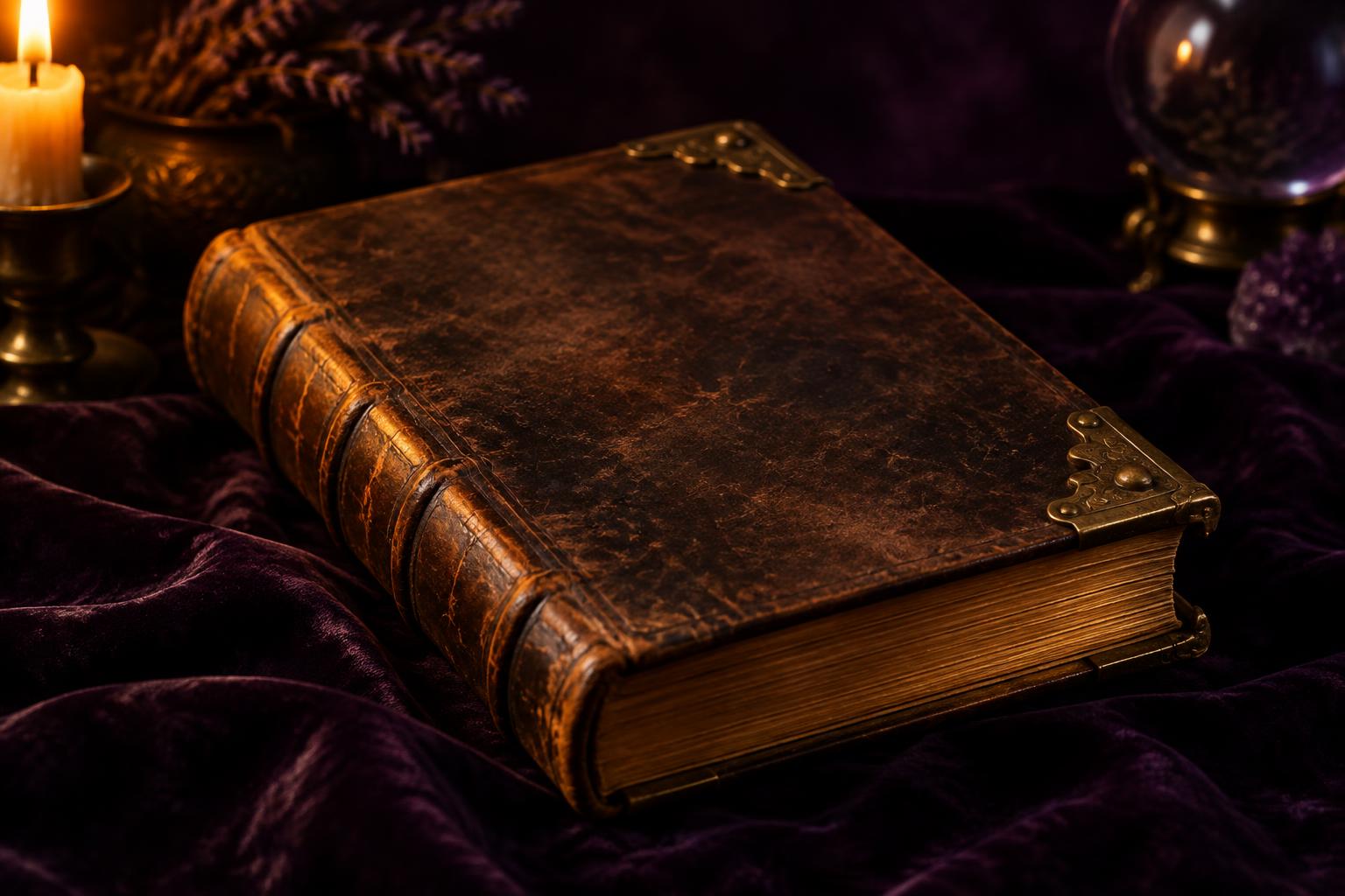 A clasped antique grimoire on purple velvet beside a candle