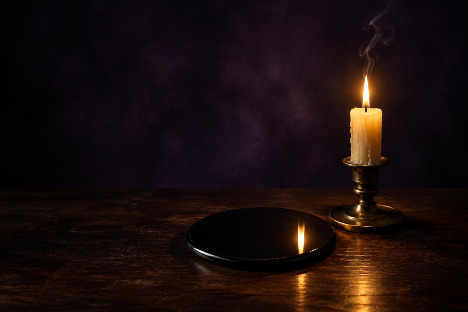 A candle reflected in a black mirror on a dark table