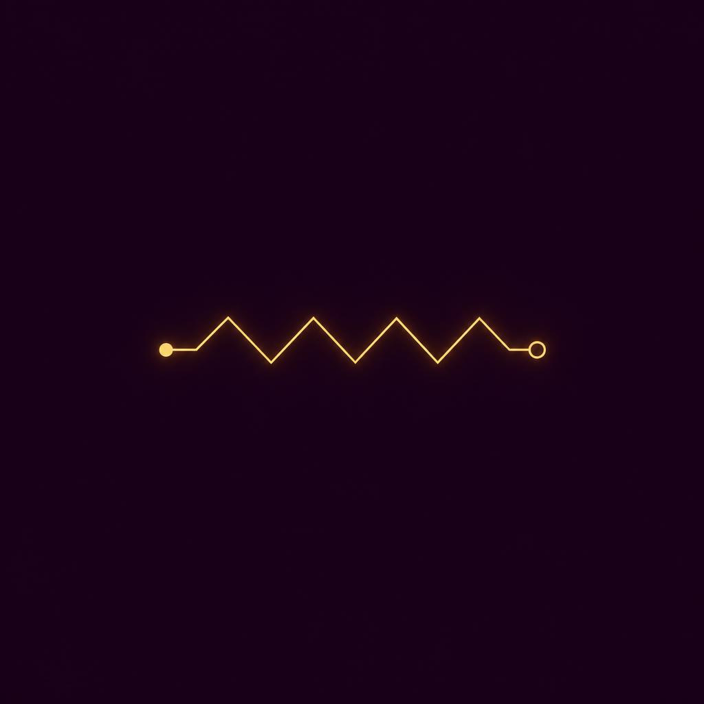 A zigzag line of sharp angles running between a small dot on the left and a small circle on the right