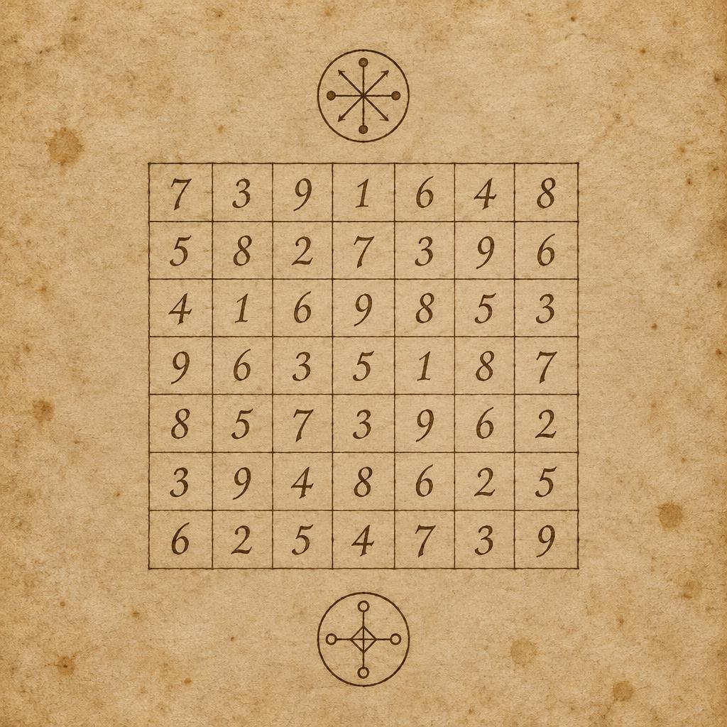 A hand-ruled seven by seven grid of numerals in dark brown ink on aged parchment, with a circular seal above and below