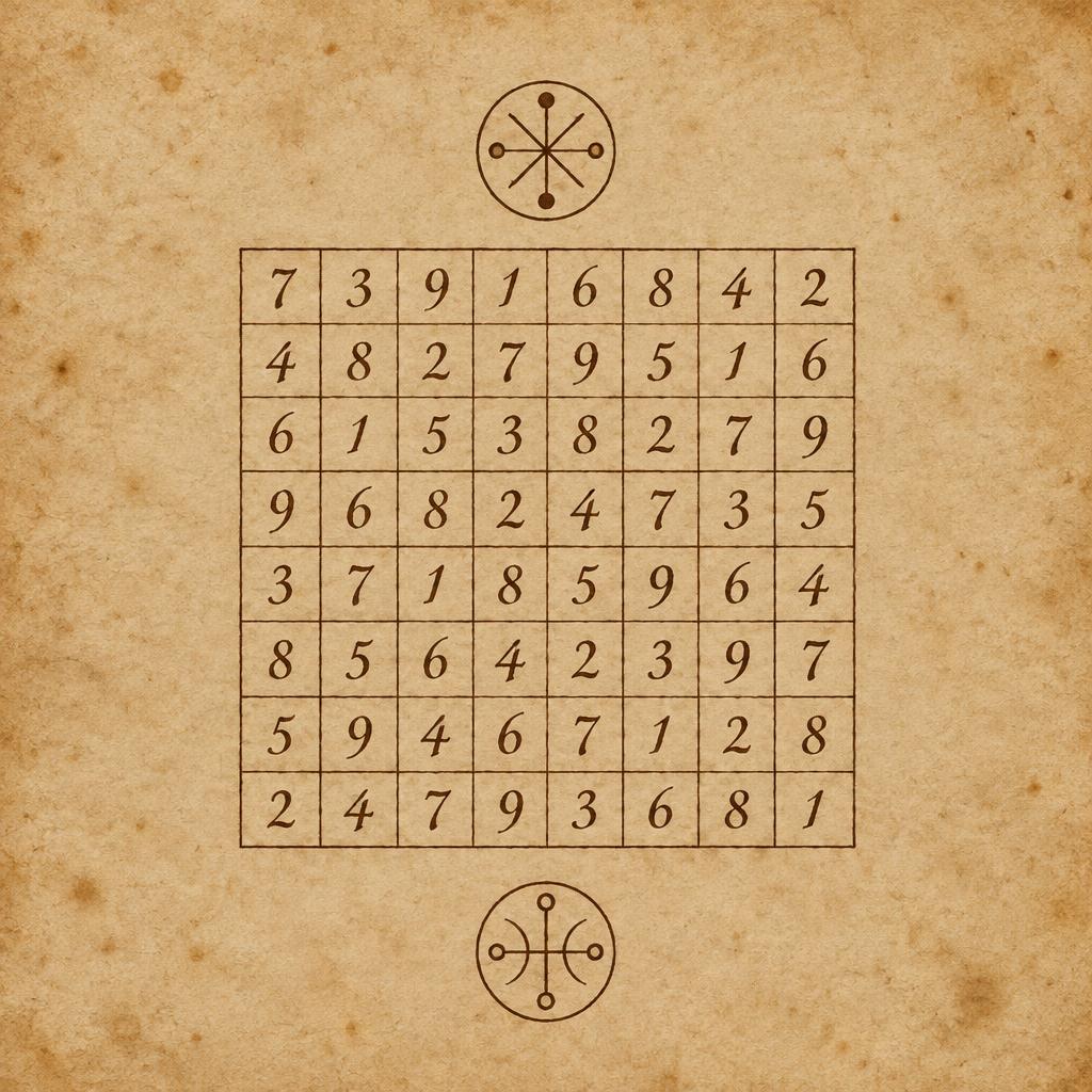A hand-ruled eight by eight grid of numerals in dark brown ink on aged parchment, with a circular seal above and below