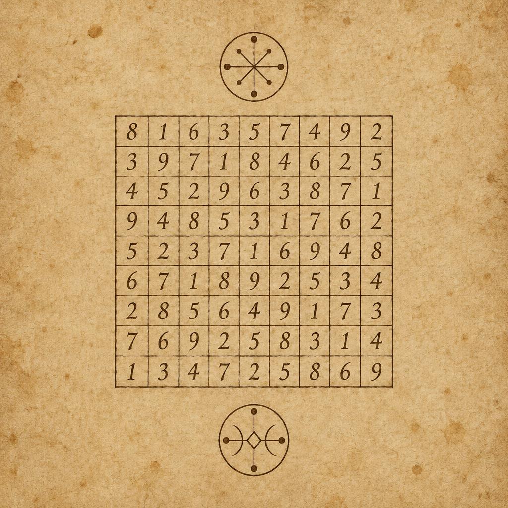 A hand-ruled nine by nine grid of numerals in dark brown ink on aged parchment, with a circular seal above and below