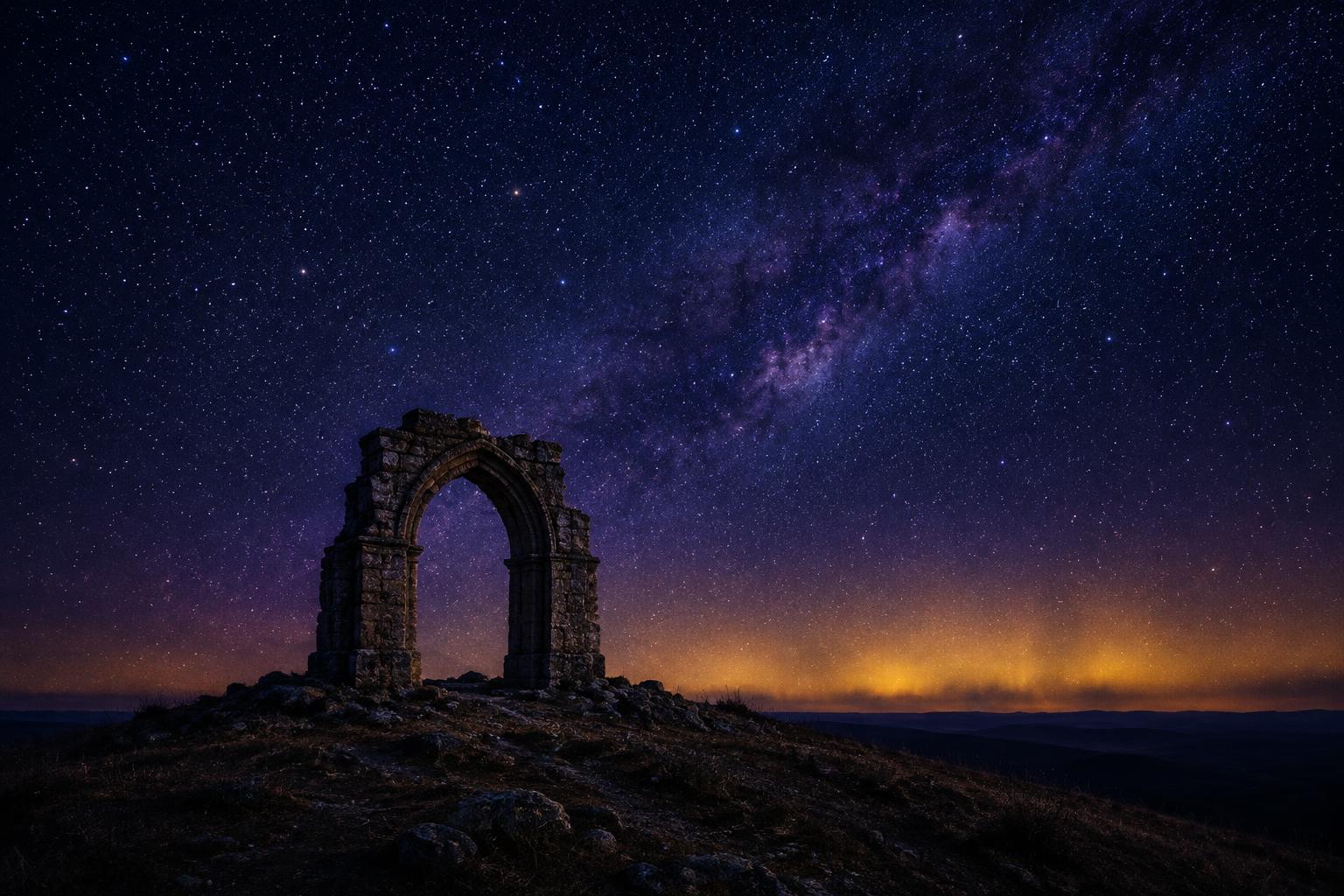 An ancient stone archway standing under the stars